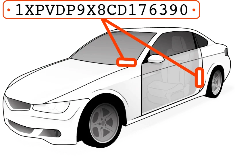 Car with arrows pointing to the VIN plate at the base of the windscreen and on the door pillar